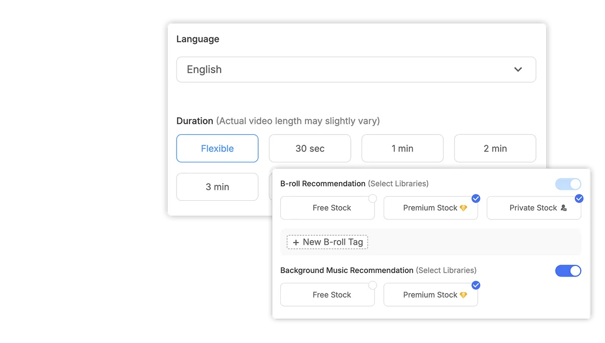Video Montage Maker allows you to set voiceover language, pacing, and music to fine-tune your video project.